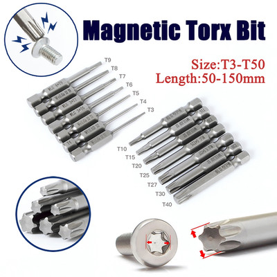 S2 Steel Magnetic Torx Bit Hex Shank Screwdriver Bits T3-T50 Length:50-150mm