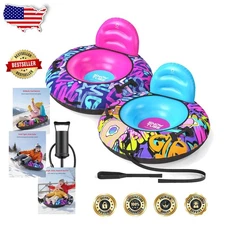 Heavy Duty 44" Snow Tube Sleds 2 Pack: Kids Teens, Backrest, 500lb, Durable C...