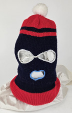 Vtg Full Face Knit Balaclava Ski Mask Three Hole Unbranded Dark Blue Red White