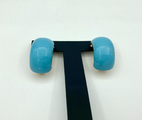 Vintage Les Bernard Inc Signed Clip On Earrings - Half Hoop Blue Enamel - Picture 5 of 7