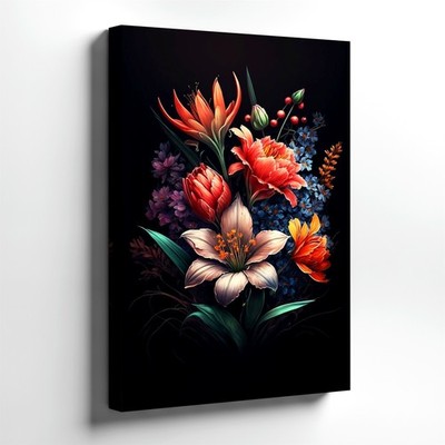 Wall Art Floral Bouquet Print Dark Background Orange Lily Peony Blue Flowers