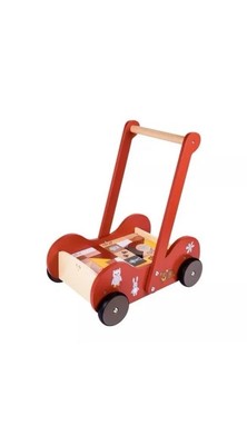 Playtive Lauflernwagen aus Holz rot mit 30 Holzklötzen in verschiedenen Formen zum Spielen