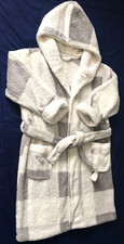 Pottery Barn Fluffy Ivory Gray Womens Hooded Robe Size Small Cozy Pockets Belt