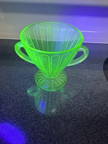 Ribbon Uranium Depression Glass Footed Sugar Bowl Hazel Atlas vintage