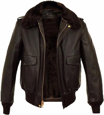 Mens Brown Avaitor RAF Flight Cowhide Leather Jacket With Fur Collar Fur Lined