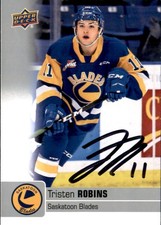 Tristen Robins Signed Auto 2019-20 Upper Deck CHL card Saskatoon Blades