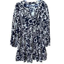 ODDI Women's Navy White Floral Print Long Sleeve Mini Dress Plus Size 3XL