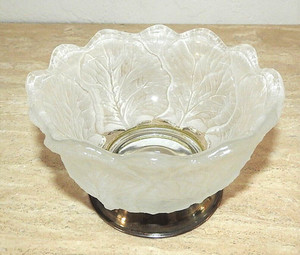 Antique Art Deco Retro Frosted Glass Bowl Embossed Leaves Silver Plate Base