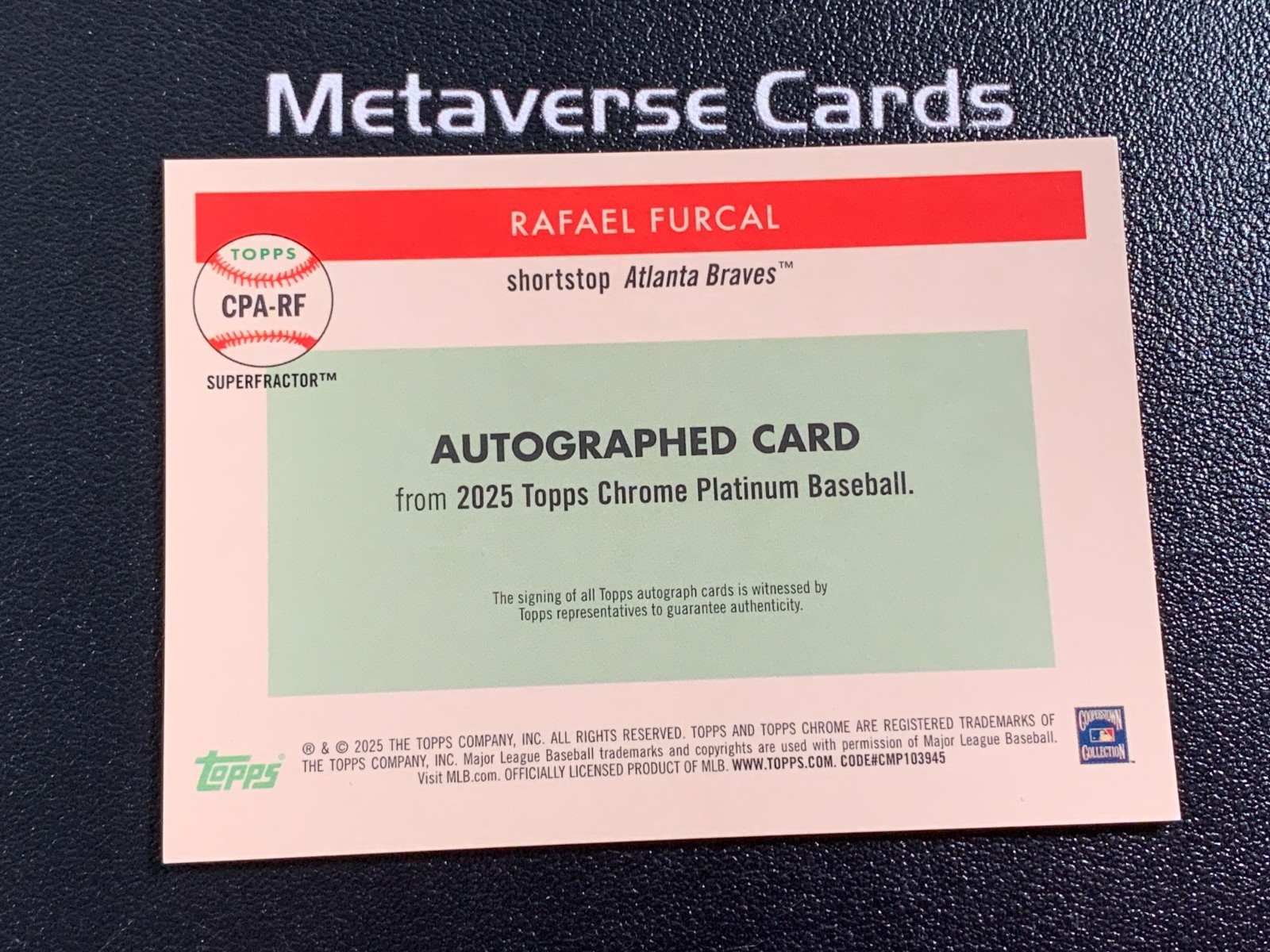 2025 Topps Chrome Platinum Rafael Furcal Auto Superfractor 1/1 view 2