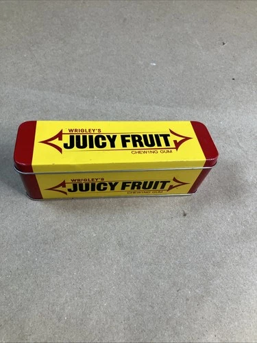 Wrigley's Juicy Fruit Chewing Gum Tin Container Hinged Lid Yellow Vintage
