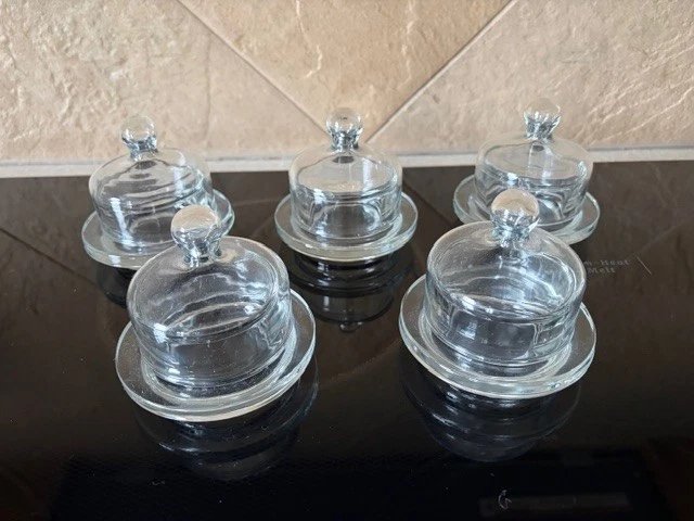 Set of 5 clear glass individual butter dishes with lids EUC