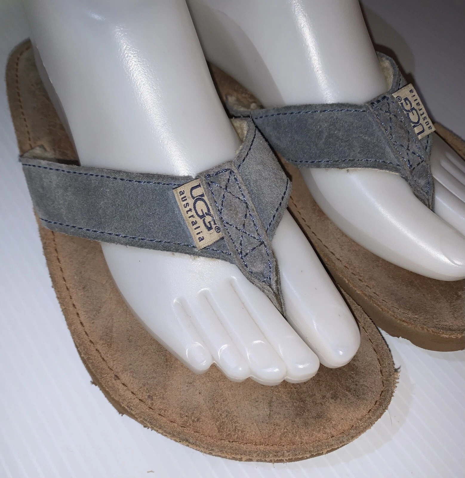 Sandali UGG blu scamosciati infradito tanga sherpa foderati in pelliccia donna ~ taglia 6