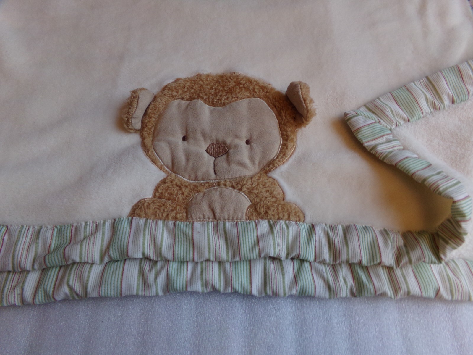 KIDSLINE Monkey Baby Blanket Boys Soft Brown Green Velour Striped Trim Minky