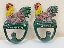 2 Cast Iron Rooster Farm Wall Hook Yellow Green Keys Towels Chicken Coop Hook 4"