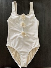 Girls Youth One Piece Bathing Suit White With 3 Roses Size 10 EUC