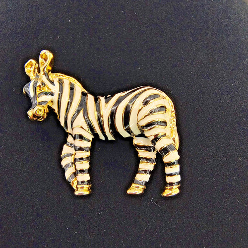 Vintage Zebra Brooch Pin Black and White Enamel Gold Tone Safari Animal GUC