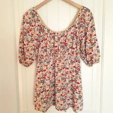 Roper Ditzy Floral Scoop Neck Top with Shirring & Puff Sleeves Tan Yellow Size L