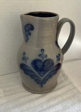 Vintage 1989 Rowe Pottery 9” Pitcher Jug Salt Glazed Hand Painted Heart Folk Art