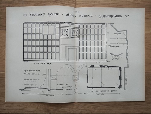 Vincent House, Architectural Details, Hammersmith, London - Antique Print - 1915