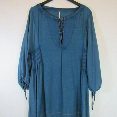 Free People Gypsy Boho Romantics Bohemia Peasant Blouse Dress Rayon Blue Small