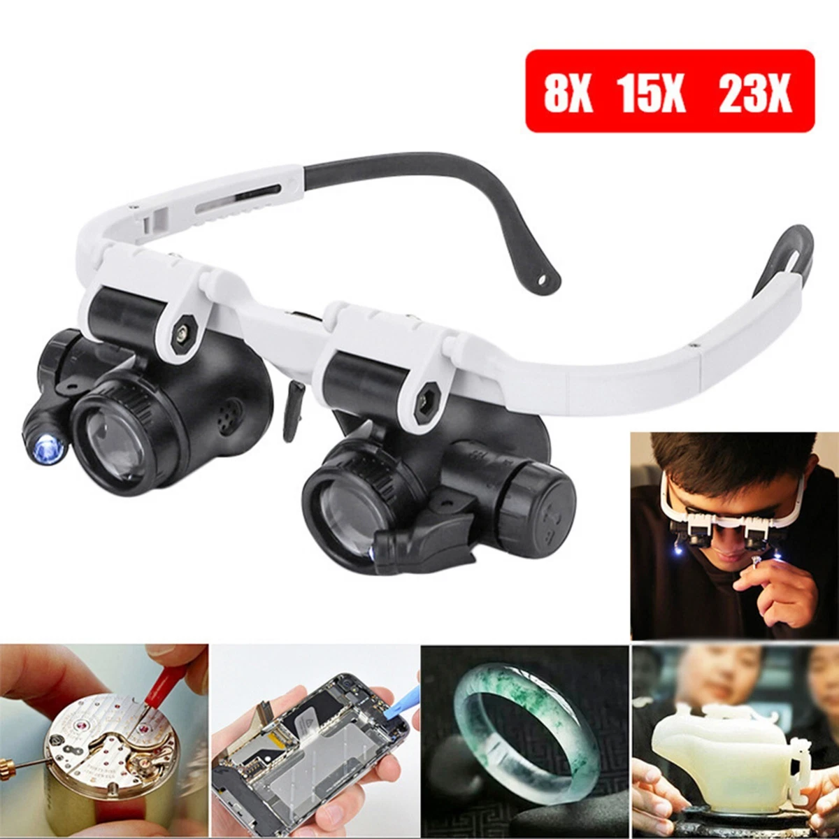 Gafas de aumento Lupa con luz LED para joyeria y Lectura montadas en la cabeza