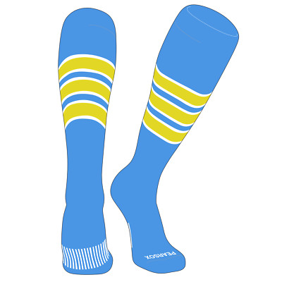 Striped OTC Baseball, Softball, Football Socks-C-Sky Blue, White, Bright Yellow