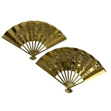 Vintage Solid Brass Fans Oriental Phoenix Dragon Wall Art Hanging, Set of 2 MCM