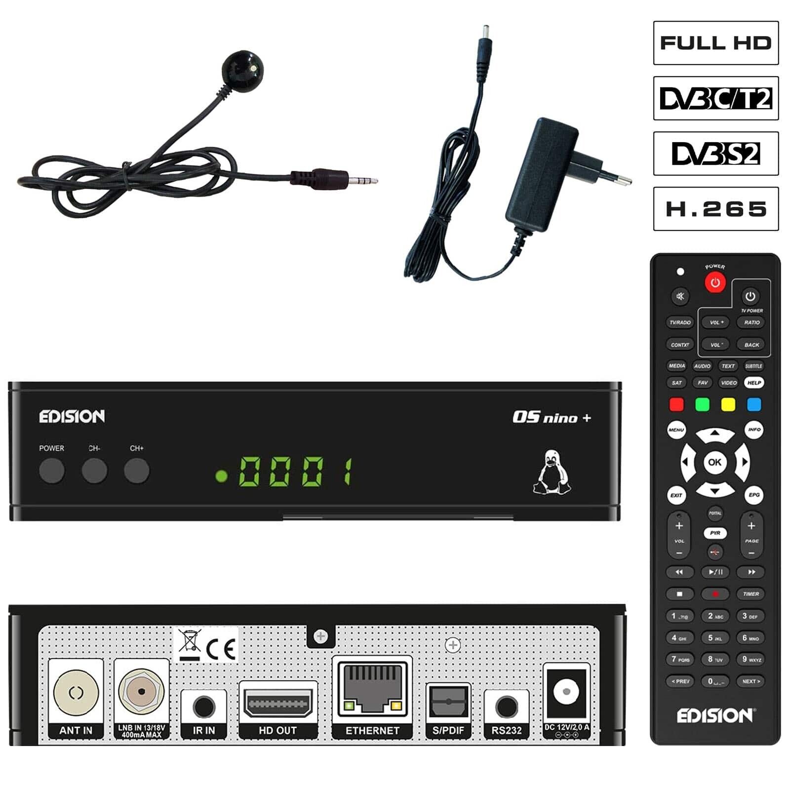 Thumbnail - Edision Os Nino+ 1x Dvb-s2 1xdvb-c/t2 Full Hd E2 Linux H.265 Combo