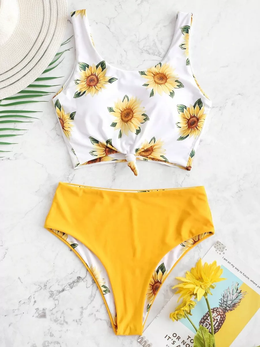 Women Sunflower Bikini Swimwear Knotted Push Up Reversable