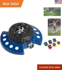 Blue 9-Pattern Turret Sprinkler with Durable Metal Base for Efficient Lawn Care