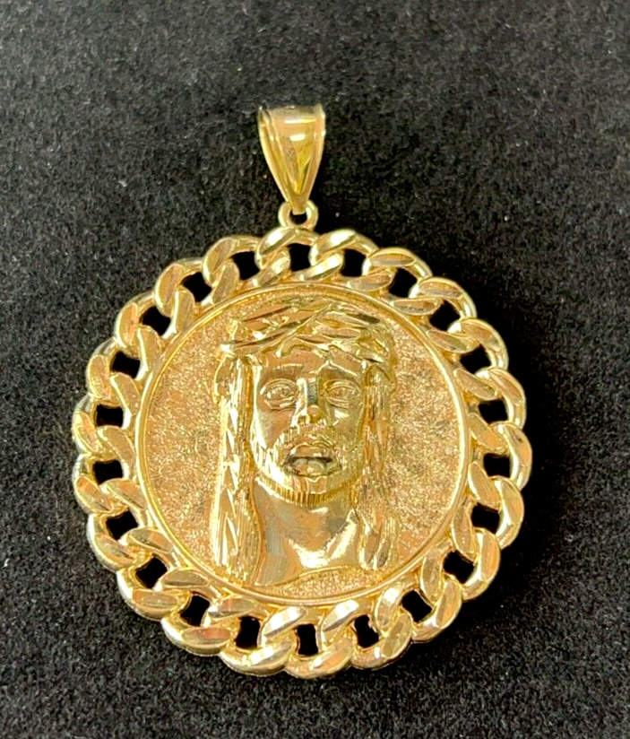 10K Yellow Gold Large Circle Cuban Jesus Head Pendant Charm