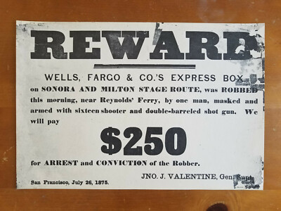 Wells Fargo Bank Robbery Poster Reward $250 Print Gold Dust Newsflash July 1875
