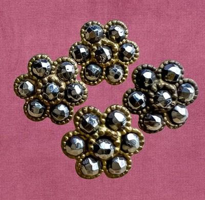 Set Of 4 Diminutive Steel Cut Buttons Lot Steel Flower Metal Shank Tiny Doll Old