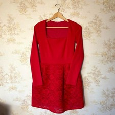 Vintage red long sleeve square neck fit and flare floral lace mini party dress