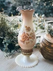 Vintage Brown Floral Milk Glass Hurricane Boudoir Lamp 13-1/2" H