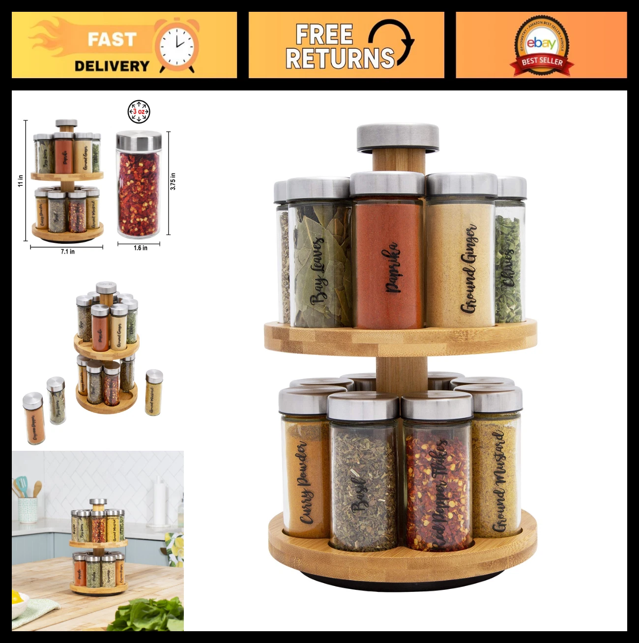 16 Jar Spice Rack Organizer with Spices & Free Refill - Rotating Bamboo 2-Tier T