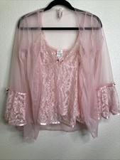 Vintage Mayela Pink Babydoll Sheer Robe Lingerie Set Lace Sz M Fairy Coquette