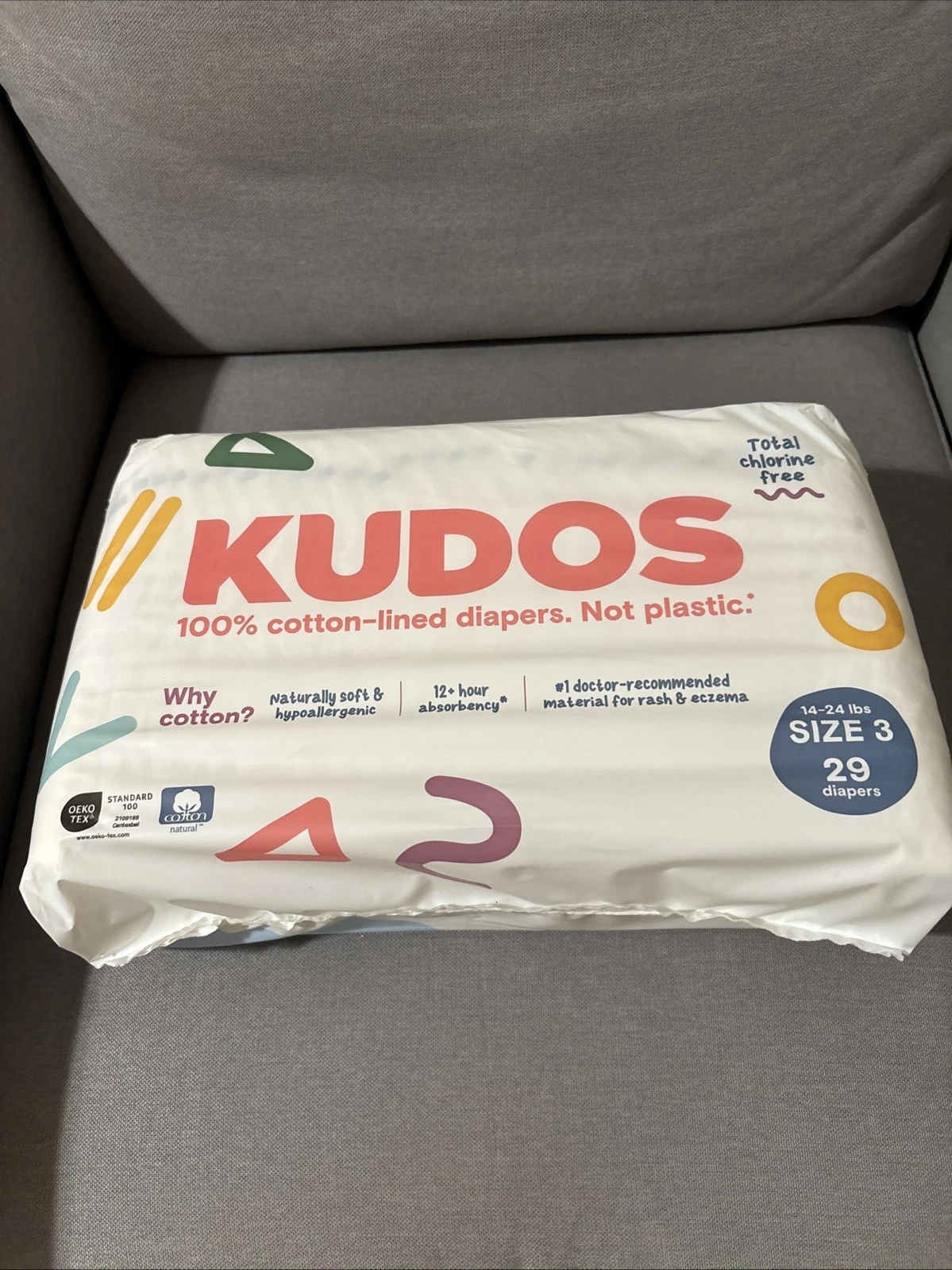 3 packs Kudos 100% Cotton Lined Diapers Size 3 14-24 Pound 29 Diapers -Package