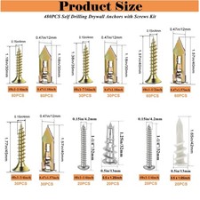 Zinc Plated Steel Anchors & Screws Set - 4 Sheetrock Anchors