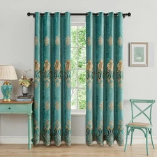 ELKCA Turquoise Chenille Curtain Sets with Embroidered Pattern for Living Room E