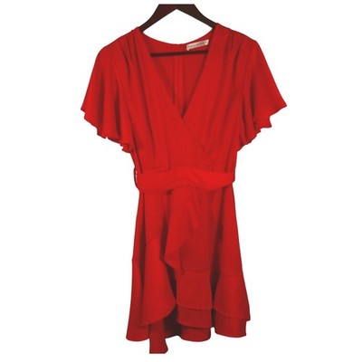 Saints + Secrets Red Flutter Sleeve Wrap Ruffle Hem Tie Belt Dress Size L |  eBay