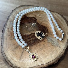 Stunning Cultured Pearl Necklace 18ct Gold Clasp & Pendant Ruby  & 16 Diamonds