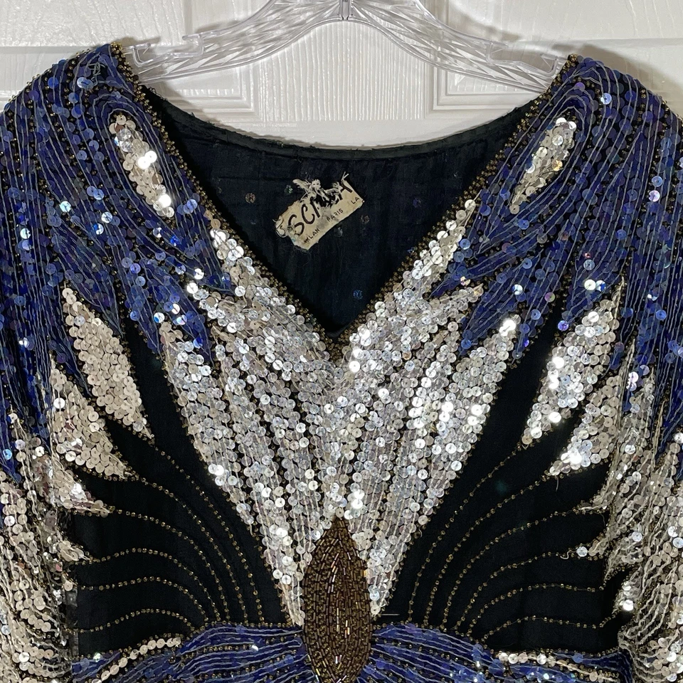 Top Scala Vintage Seda Lentejuelas Cuentas Mariposa Azul Plata Negro Años 70 80 Rocker Foto 2 de 4