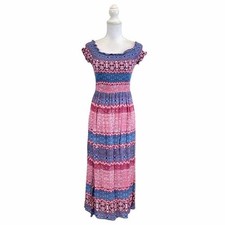 Small Casual Summer Maxi Pink Blue FLoral Smocked Dress