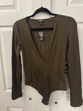 Express Women s Brown Long Sleeve Deep V Bodysuit Size Medium NWT