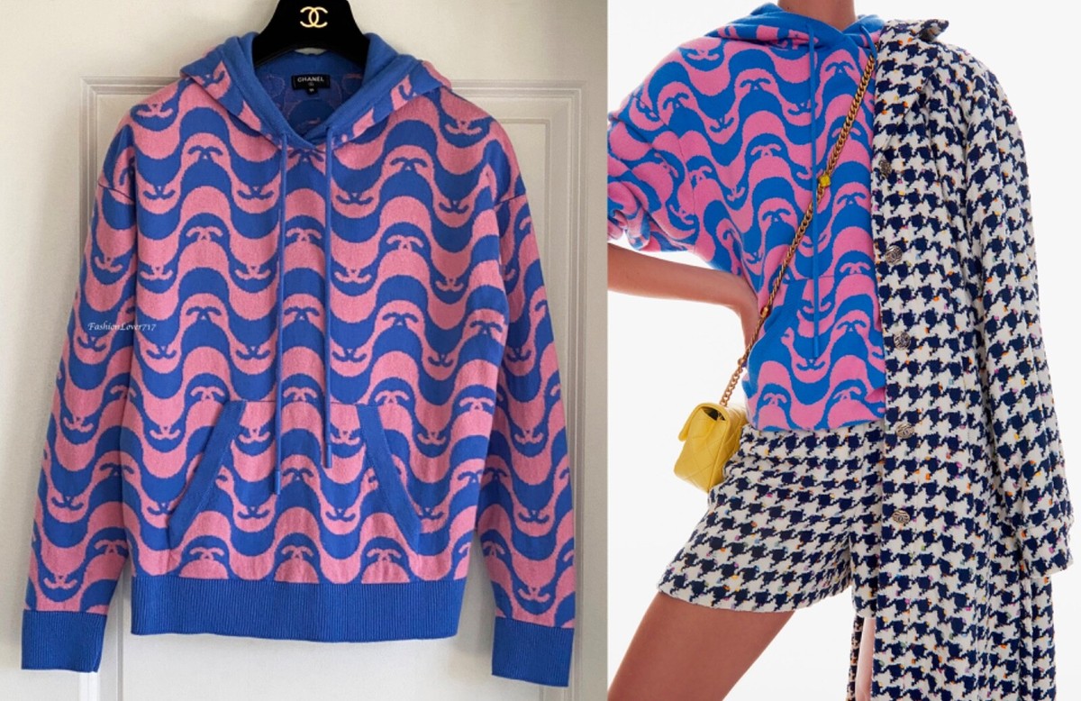 CHANEL メッシュパーカー 21P CHANEL BLUE PINK CC LOGO CASHMERE HOODIE PULLOVER SWEATER 36