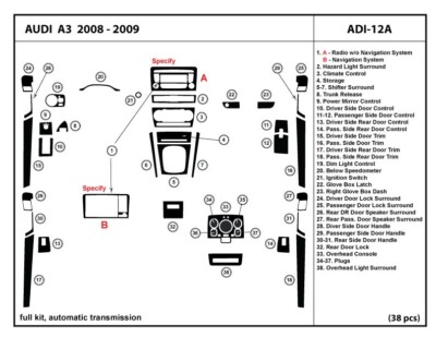 Interior Dash Trim Kit  for Audi A3 with automatic shifter 2008 - 2009