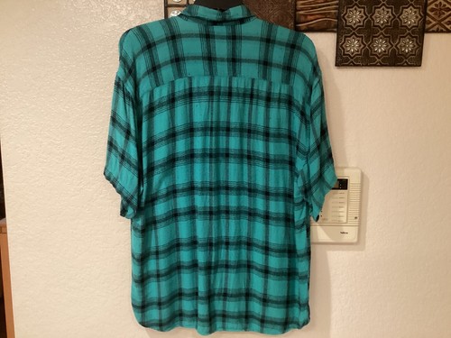 Point Zero S/S Teal/Black Plaid 100% Rayon Burlap Look Mat’l 50”Cx32”L Sz Large - Picture 6 of 7