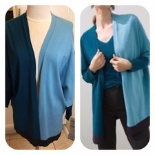 Chico’s Womens Size S/M Blue Teal Black Color Block Open Front Cardigan Sweater