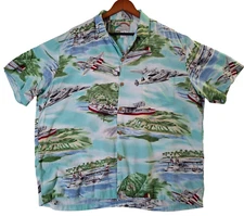 VTG Paradise Found Hawaiian Shirt Mens XL Blue Rayon Button Up Seaplanes Islands